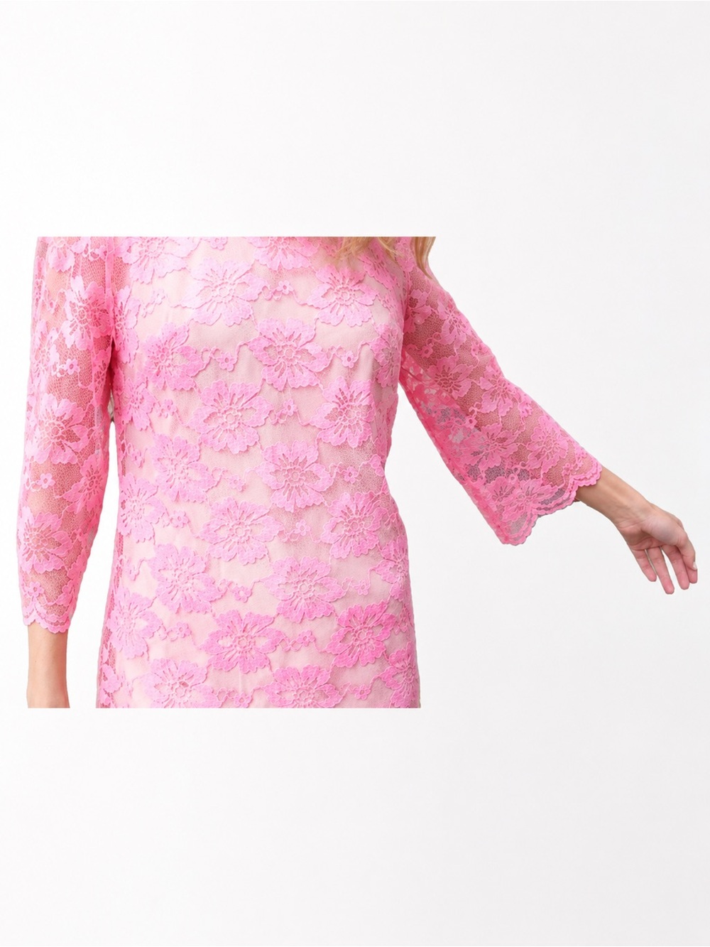 VTG 60s Neon Hot Pink Floral Lace Shift Mini Dress • Nude Slip • 3/4 Sleeve • S - Picture 3 of 16